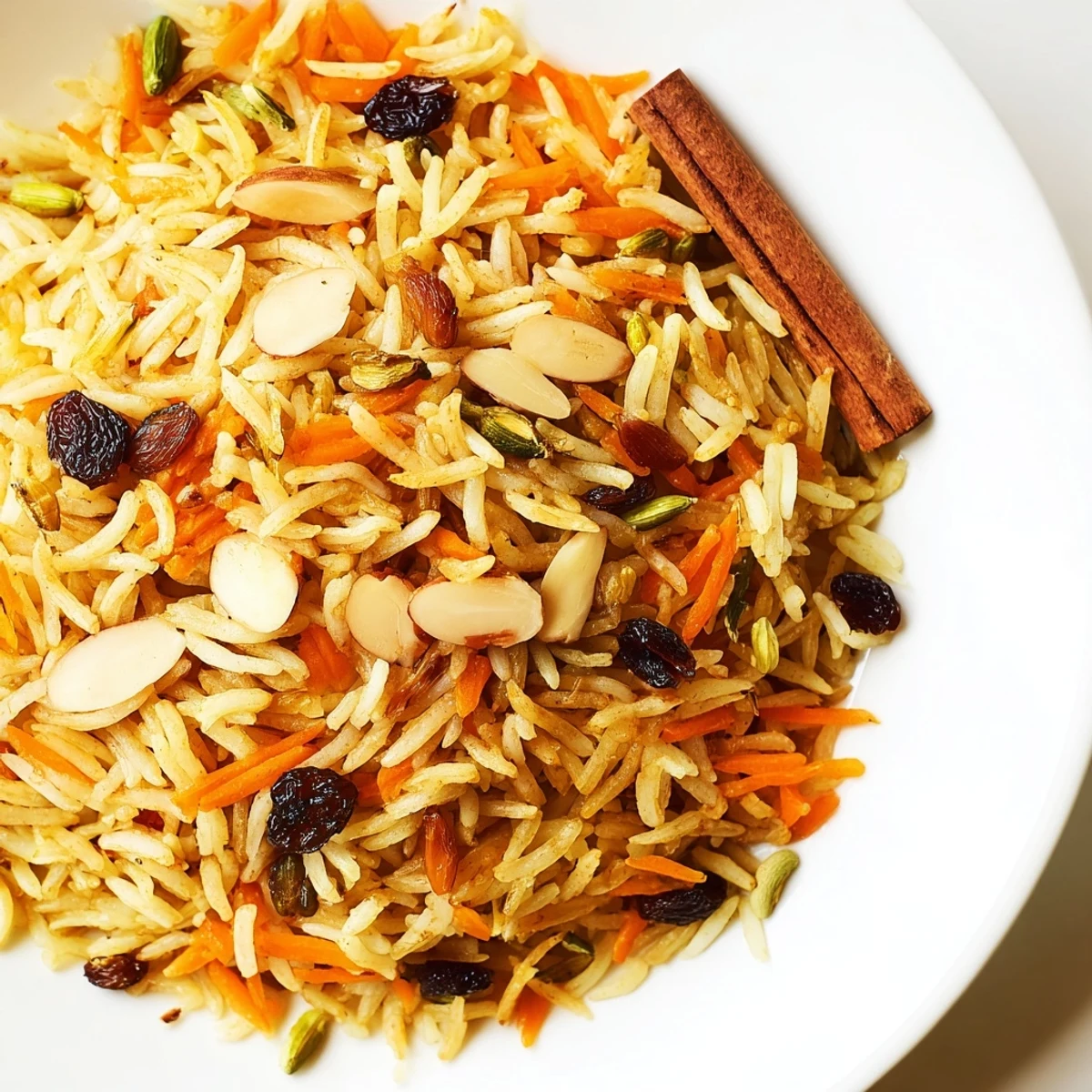Golden Afghan rice topped with caramelized carrots, plump raisins, and fragrant warm spices