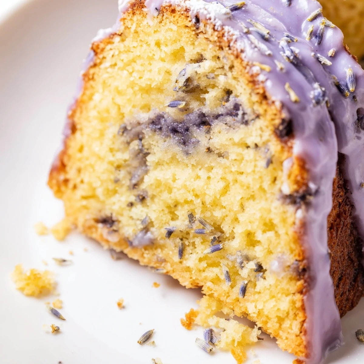 Lavender cake with lemon glaze drizzled over a tender golden crumb