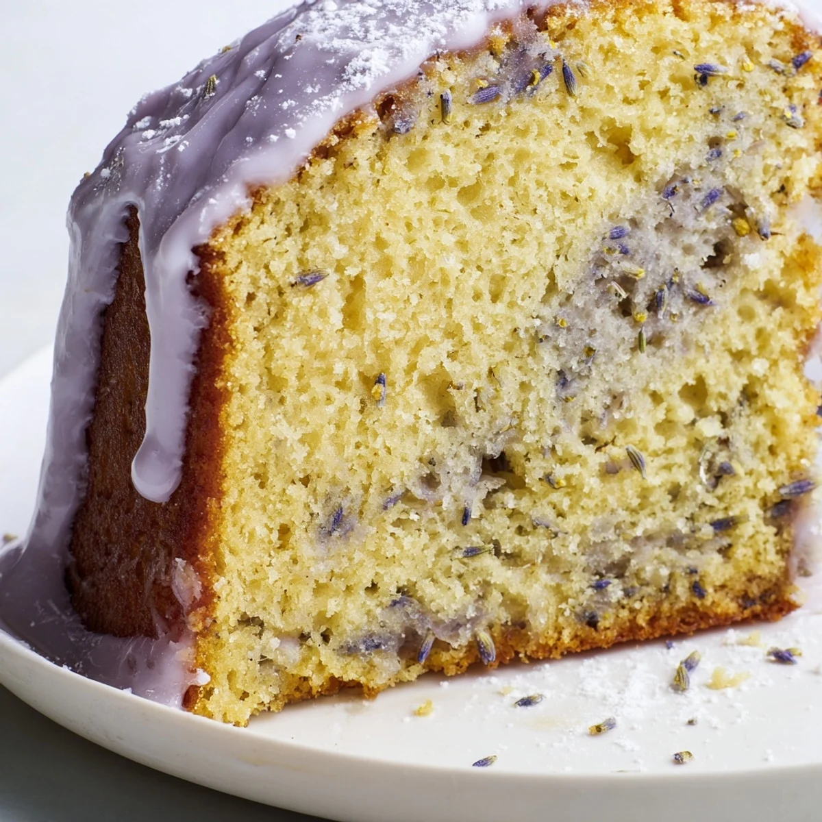 A slice of aromatic lavender cake topped with sweet citrus icing