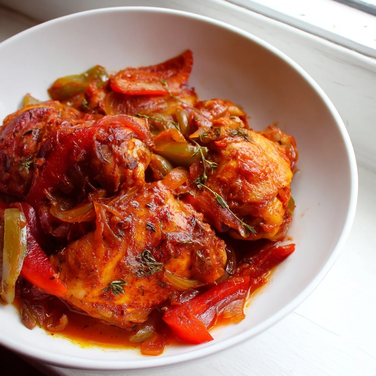 Senegalese Chicken simmered in rich tomato sauce with colorful bell peppers and aromatic spices