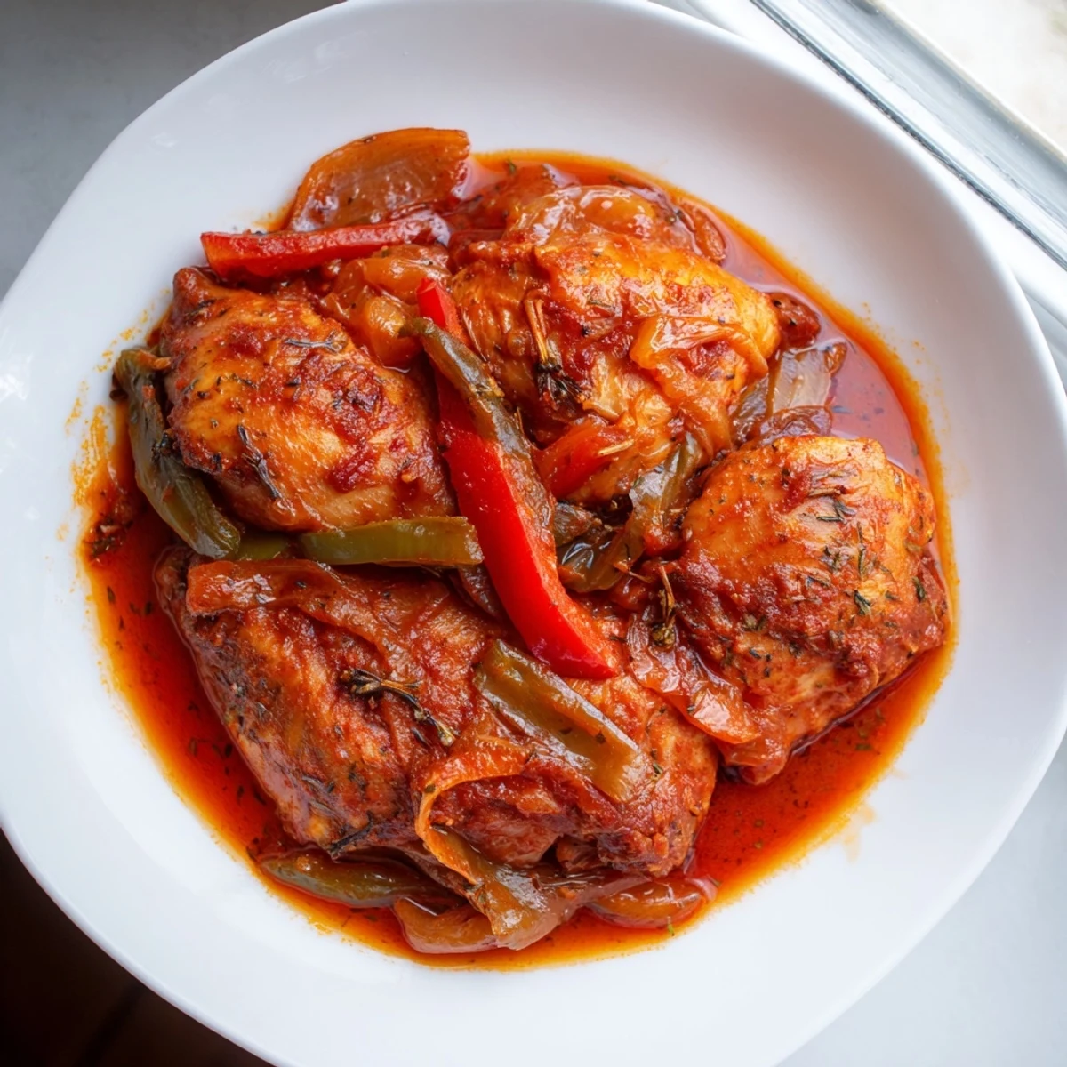 Golden brown Senegalese Chicken pieces nestled in thick, flavorful onion and tomato stew