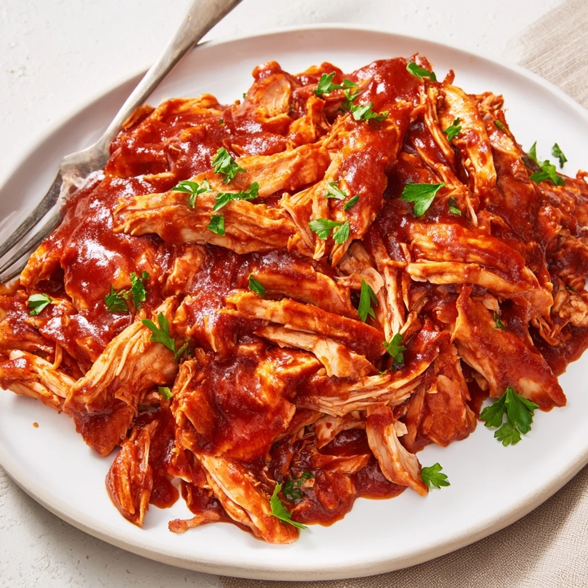 Tender Sweet Baby Ray's Crockpot Chicken glistening with rich barbecue sauce on a white plate
