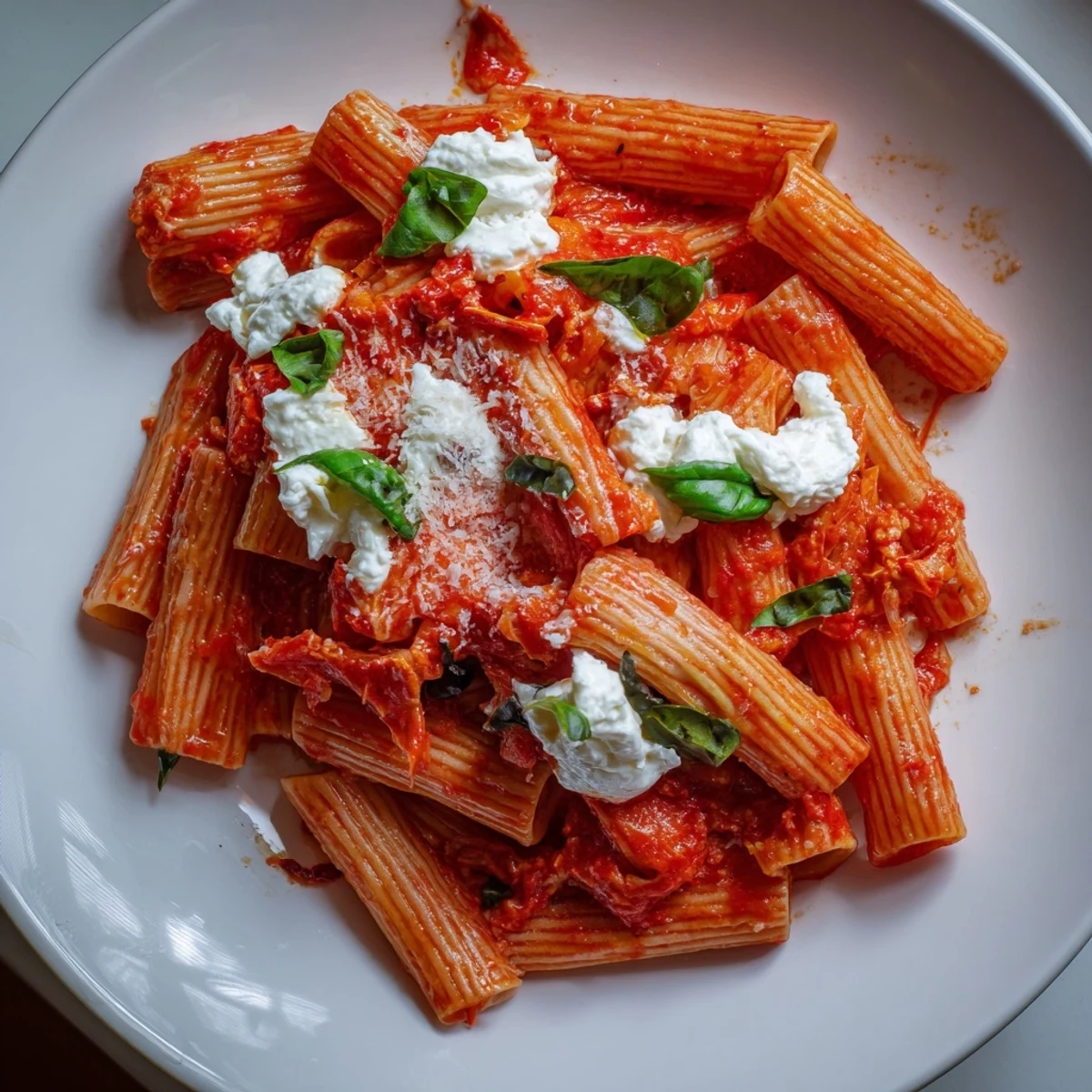 Creamy tomato garlic ricotta penne topped with fresh basil leaves and Parmesan cheese