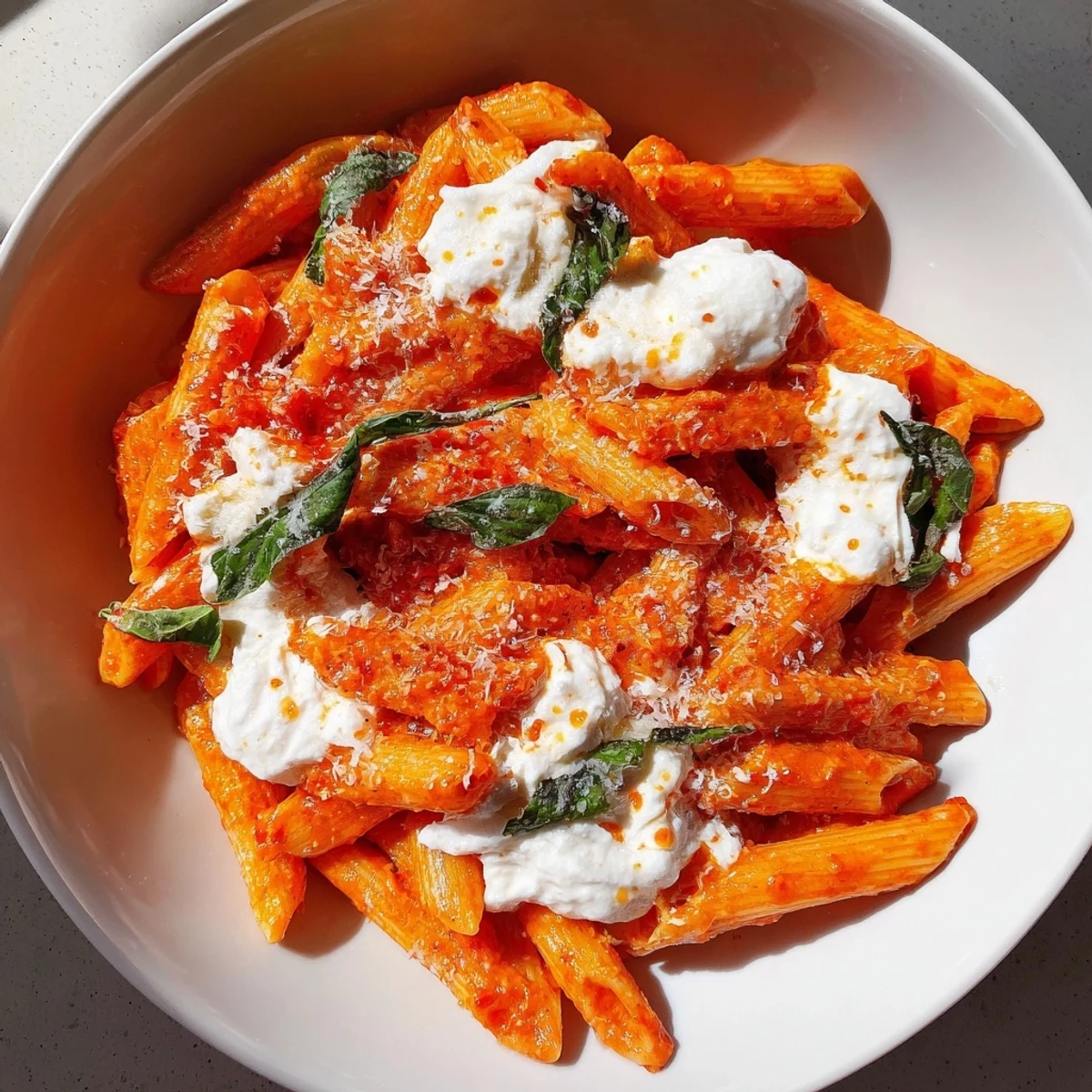 Tomato garlic ricotta penne in vibrant red sauce with fluffy white cheese dollops