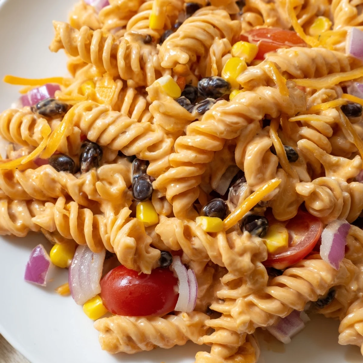 Colorful taco pasta salad in a serving bowl with fresh tomatoes, corn, and shredded cheddar cheese