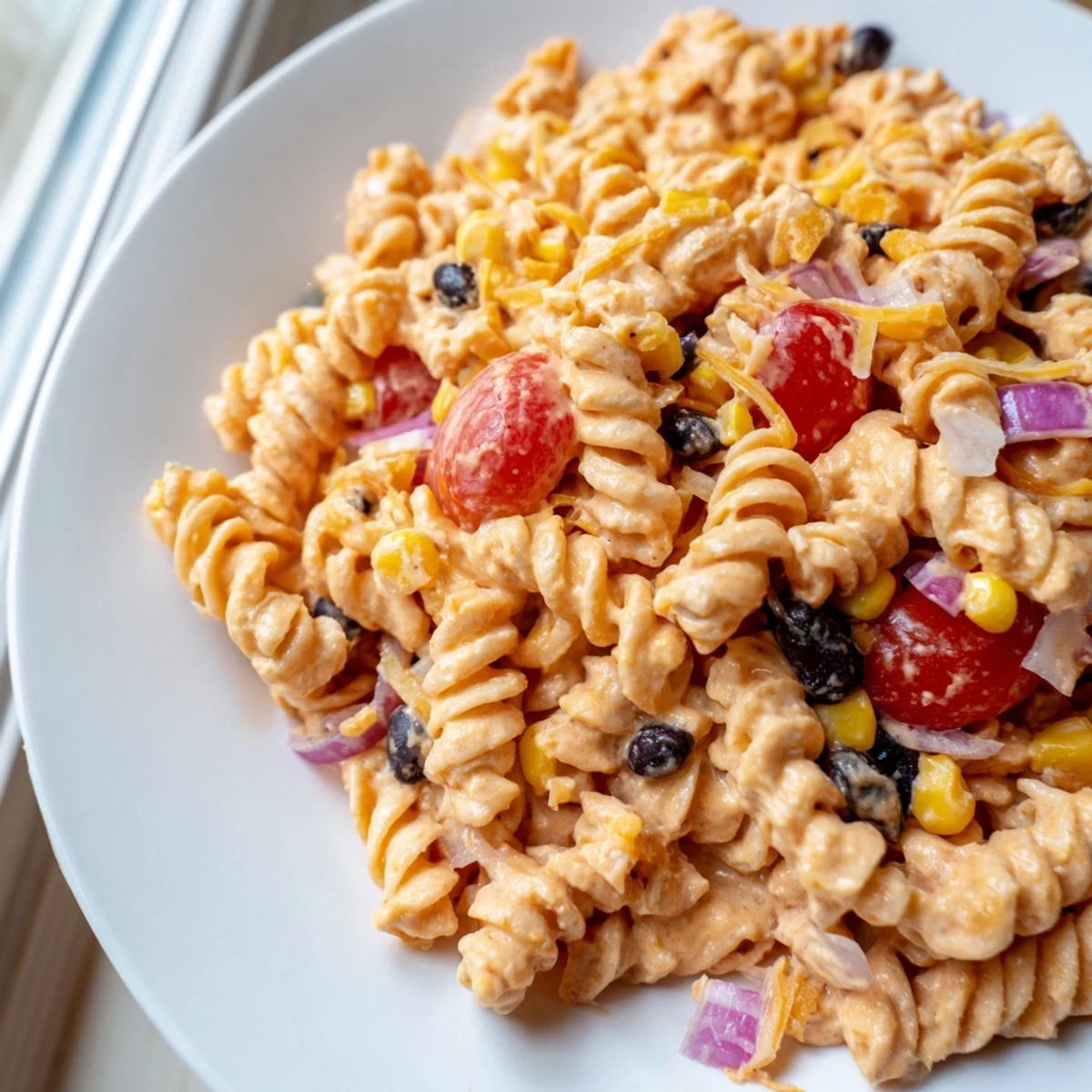 Creamy taco pasta salad topped with crushed tortilla chips and garnished with fresh cilantro