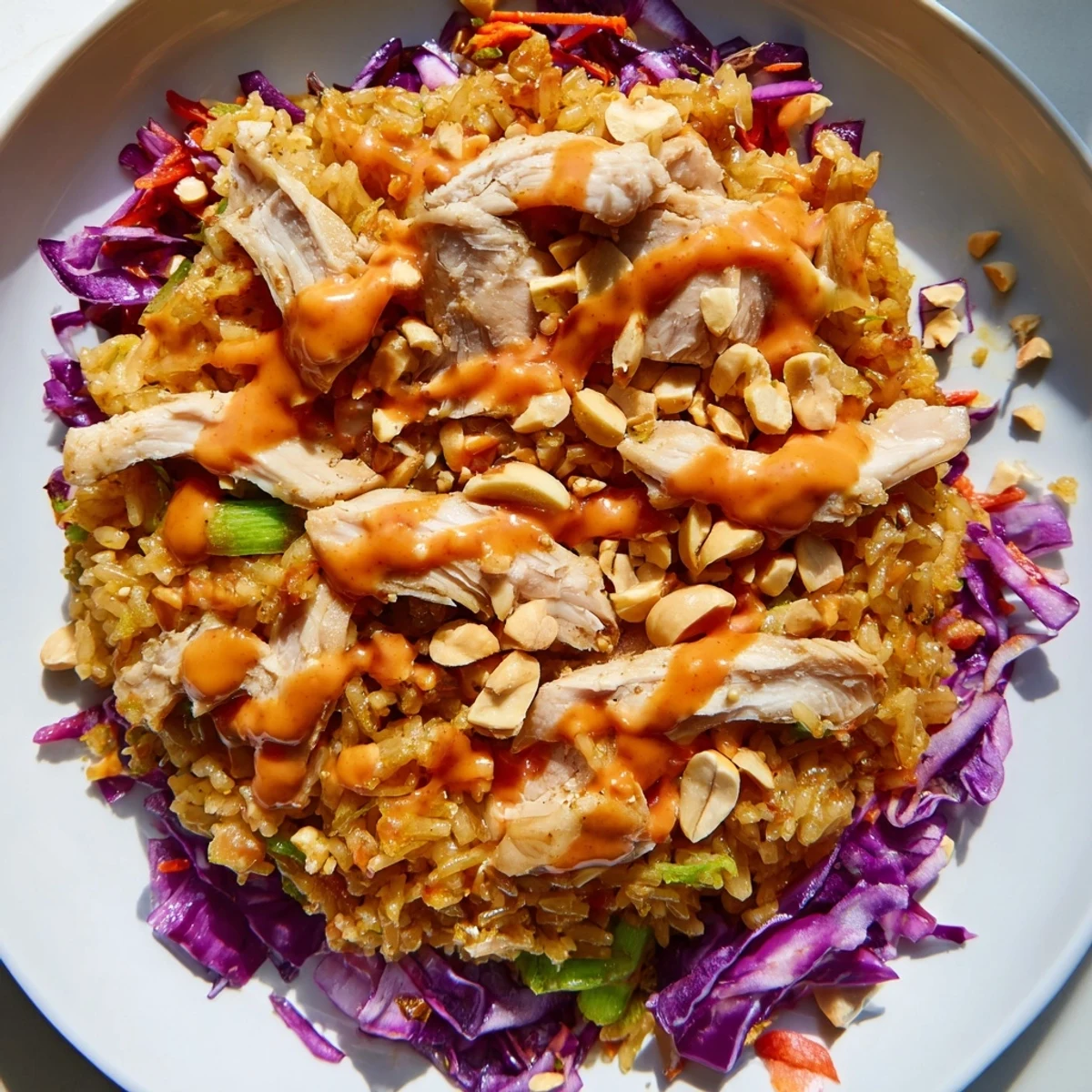 Golden crispy rice topped with sliced chicken and colorful vegetables in Bang Bang Chicken Crispy Rice Salad