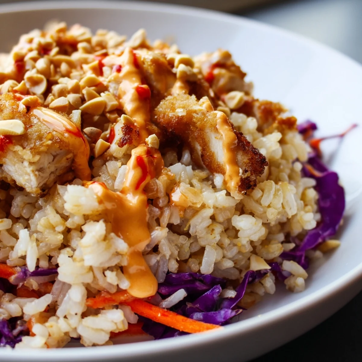 Creamy spicy sauce drizzled over crunchy vegetables and crispy rice in vibrant Bang Bang Chicken Crispy Rice Salad