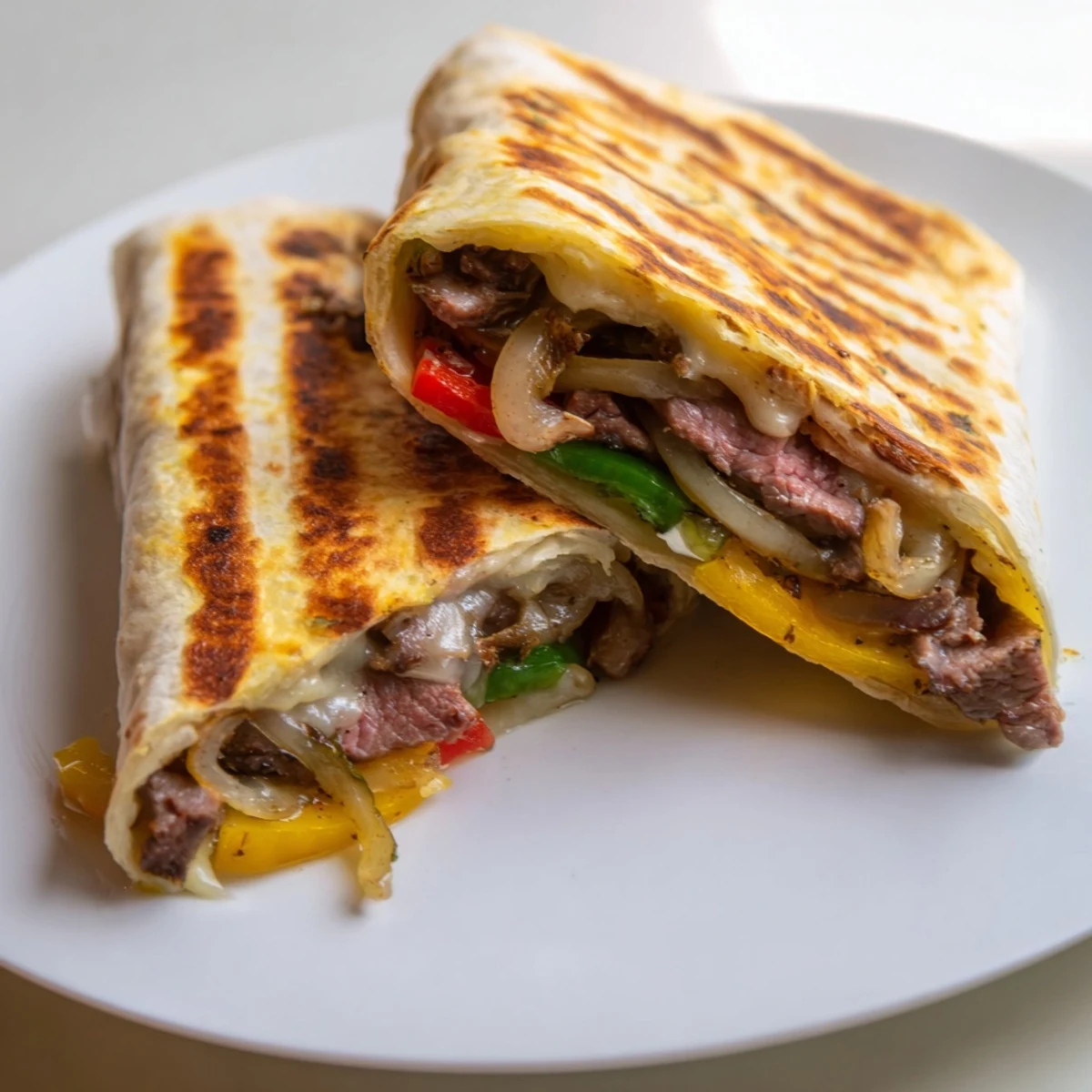 Golden crispy Philly cheesesteak grilled wraps with melted provolone and sautéed peppers inside