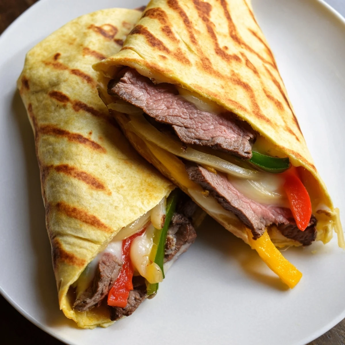 Philly cheesesteak grilled wraps sliced in half revealing tender steak and gooey cheese