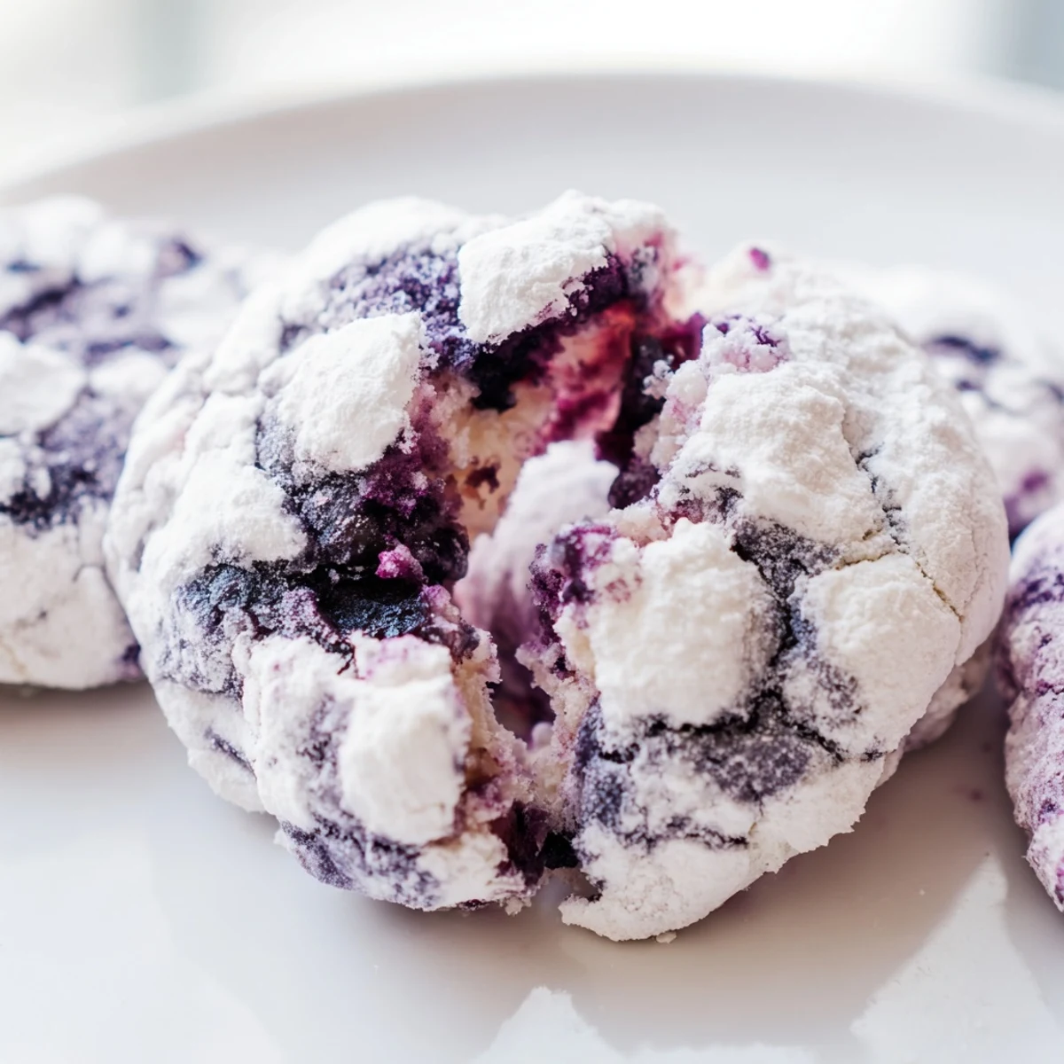 Soft blueberry crinkle cookies dusted with snowy powdered sugar on a rustic baking sheet