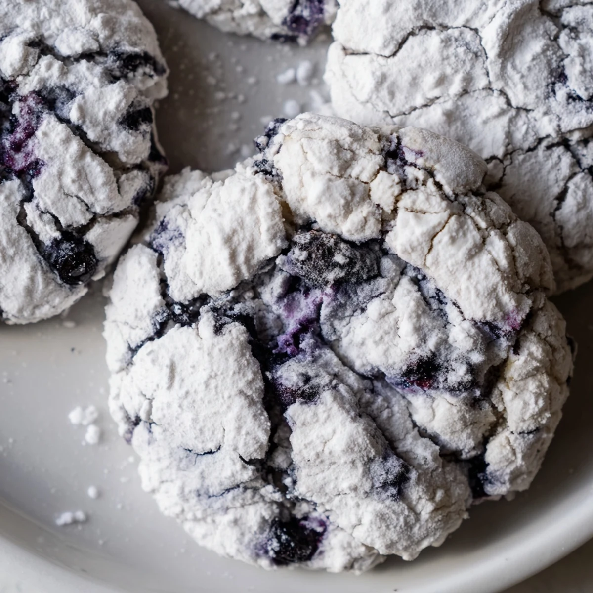 Golden blueberry crinkle cookies with characteristic cracked tops and sweet powdered sugar coating