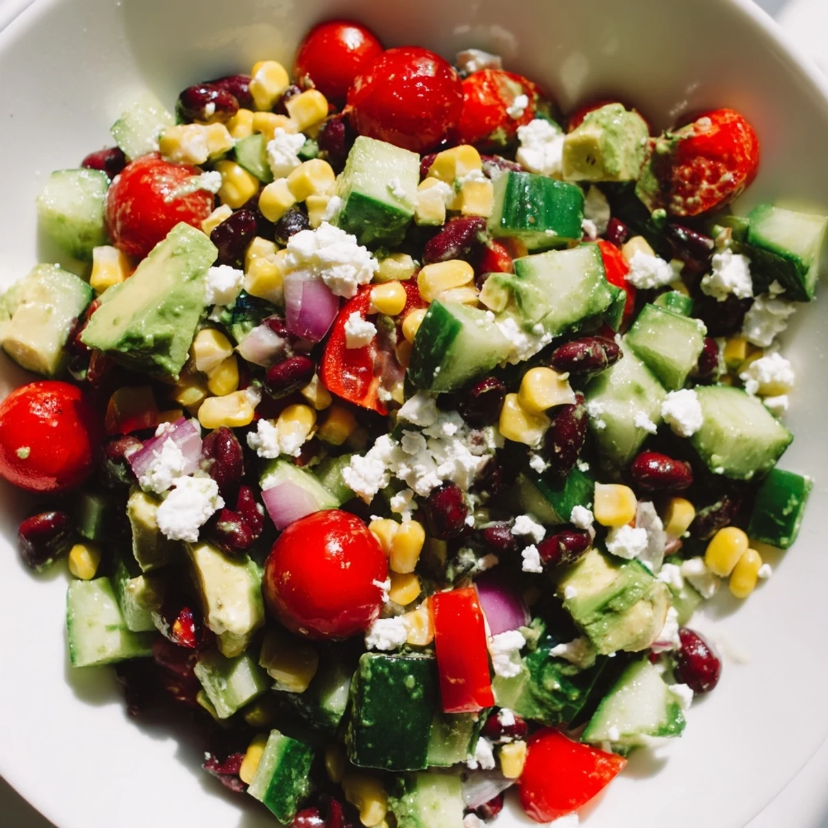 Mexican chopped salad in a serving bowl topped with crumbled cotija cheese