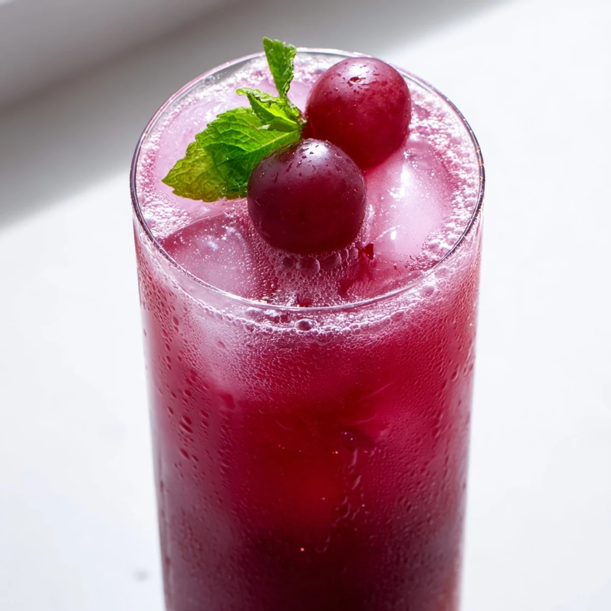 Chilled Grape Agua Fresca in a glass with floating grape garnish and ice cubes