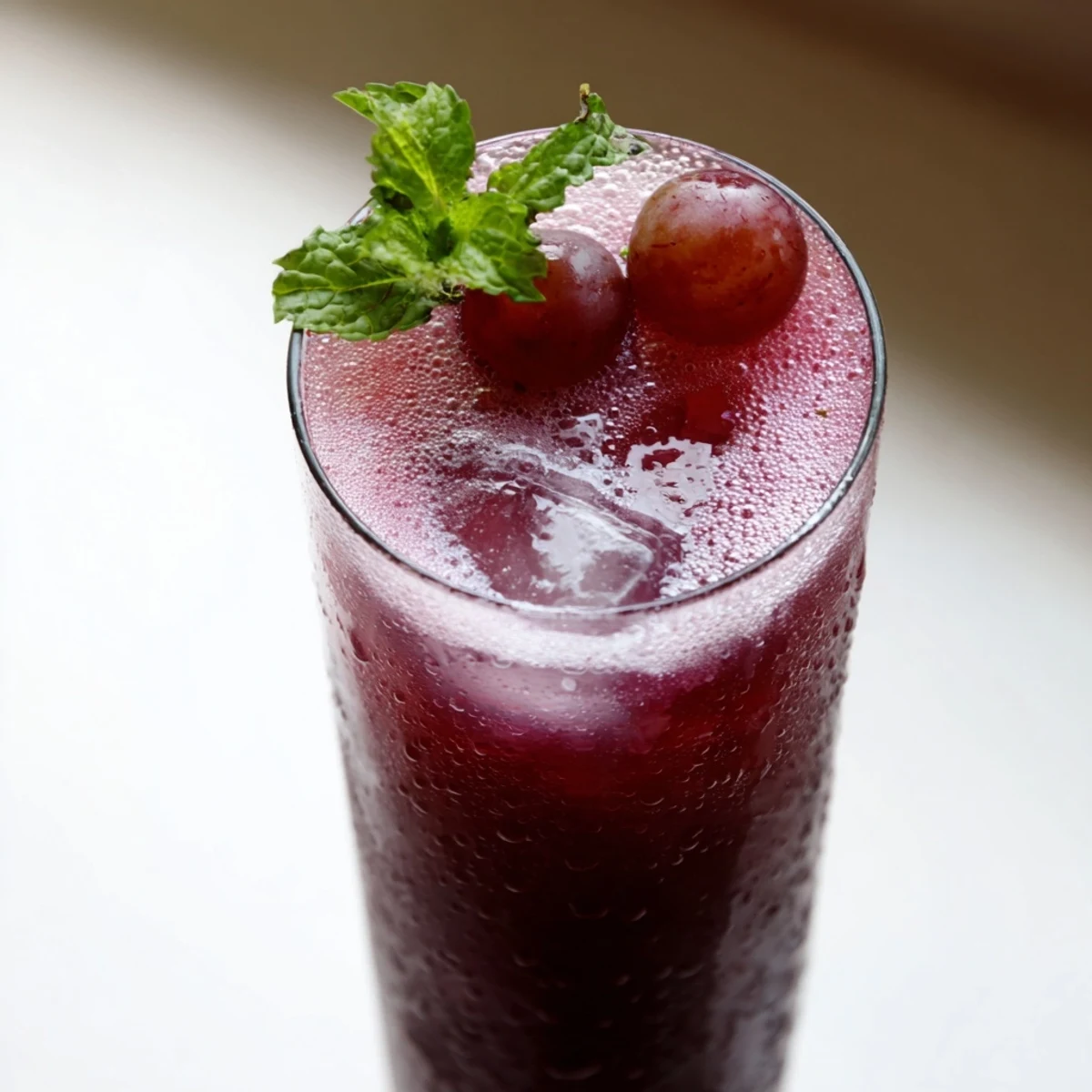 Vibrant purple Grape Agua Fresca poured over ice with fresh mint sprigs nearby