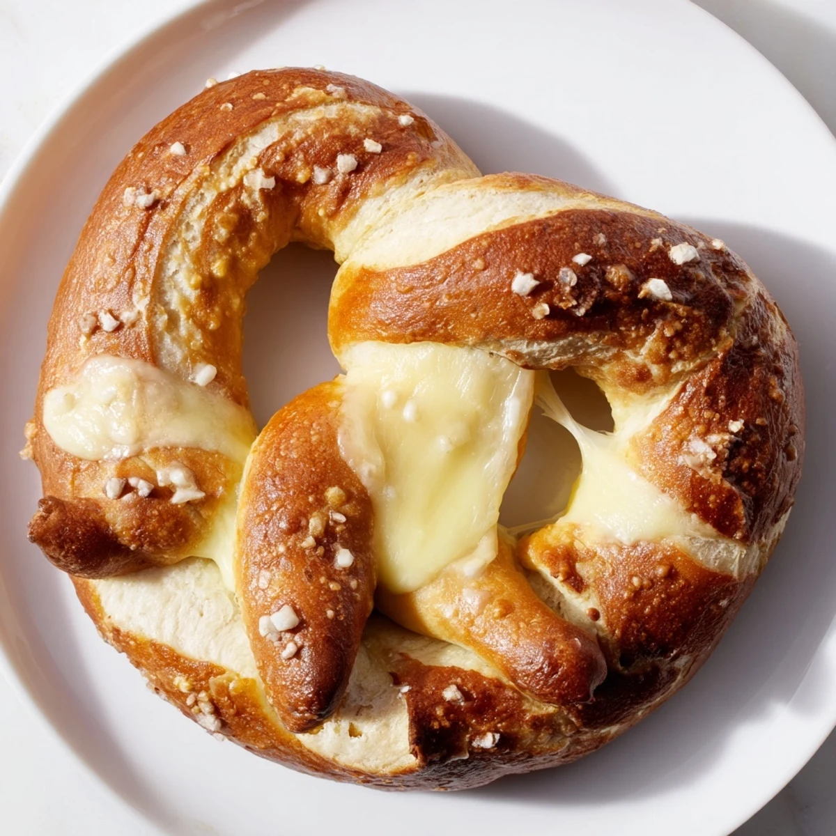 Golden mozzarella stuffed soft pretzels with coarse salt sprinkled on top served warm
