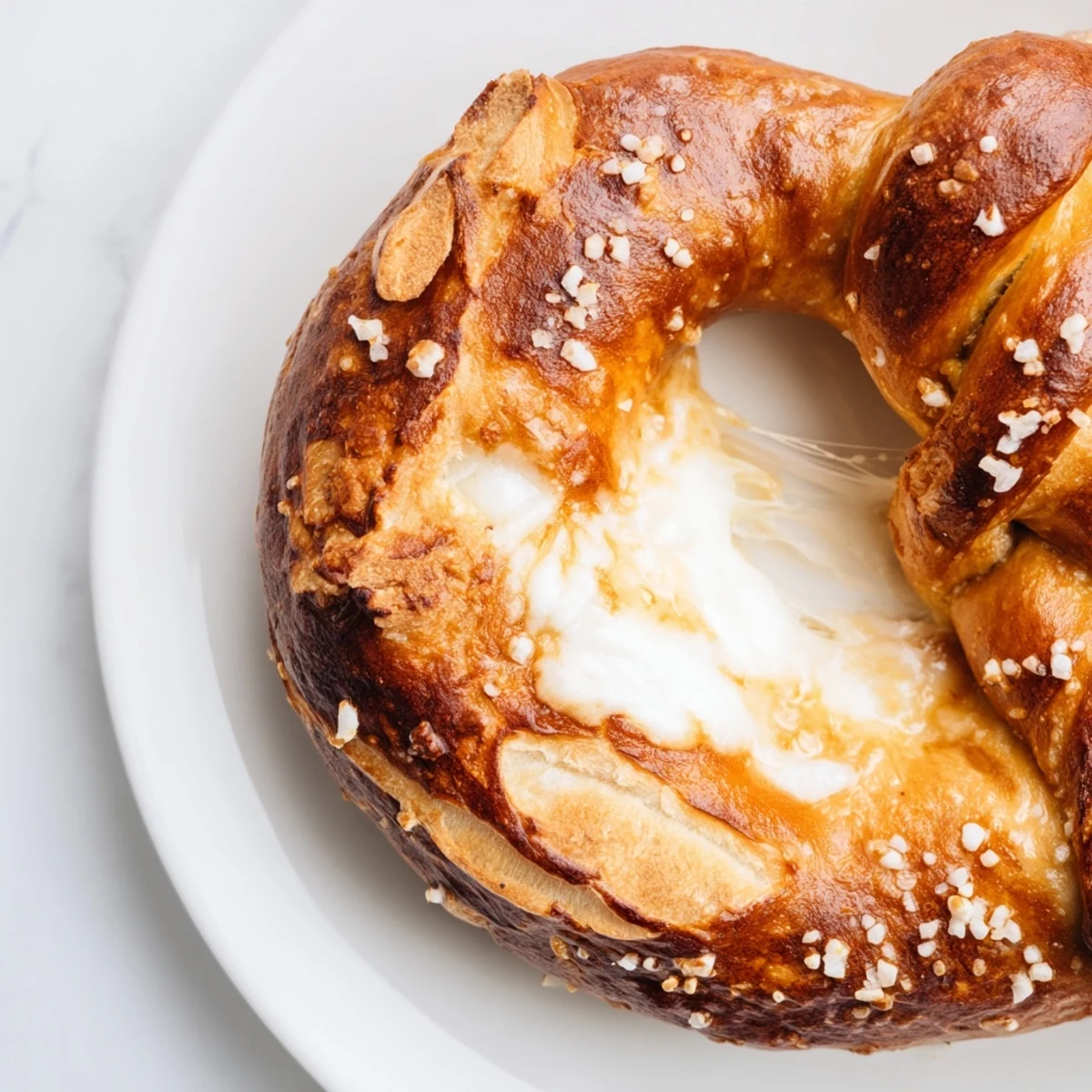 Oozing melted cheese spills from homemade mozzarella stuffed soft pretzels fresh from oven