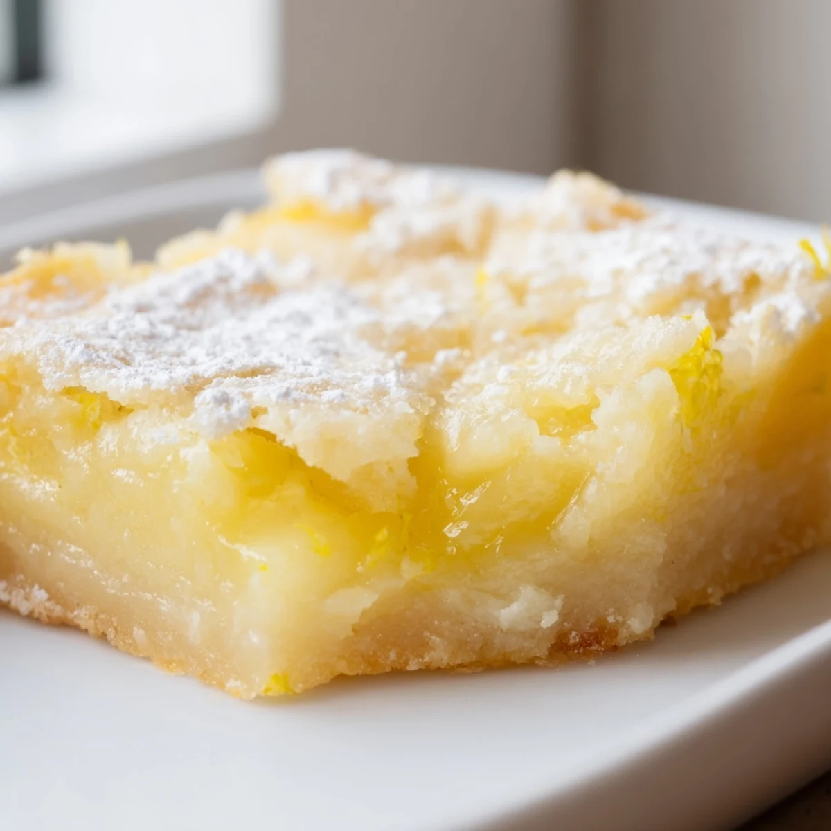 Golden squares of Lemon Gooey Butter Cake dusted with powdered sugar on a rustic wooden cutting board