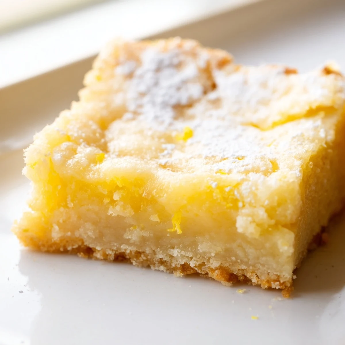 Creamy Lemon Gooey Butter Cake slice revealing soft custard-like center with buttery golden crust