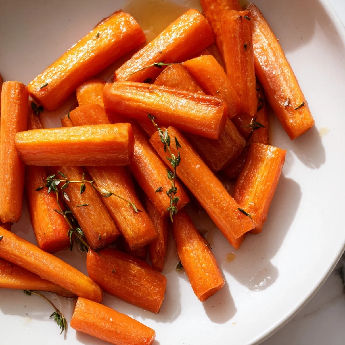 Golden honey roasted carrots glistening with caramelized edges on a rustic white serving platter