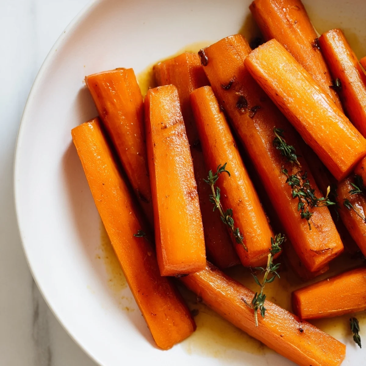Tender honey roasted carrots topped with fresh green herbs in a ceramic dish