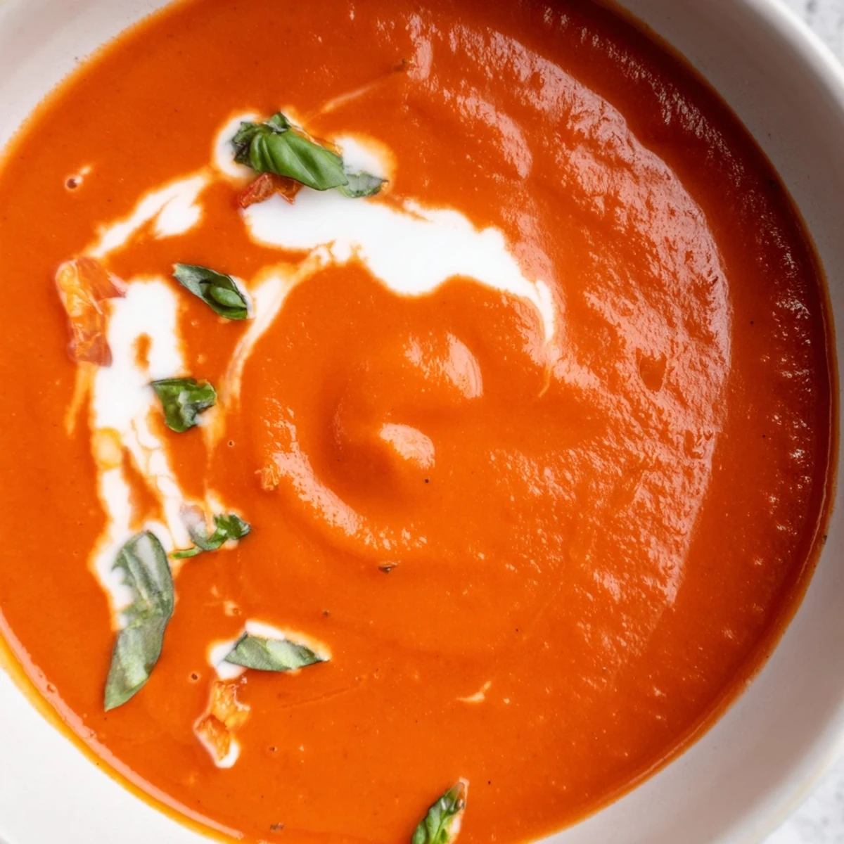 Smoky fire roasted tomato soup ladled into a white ceramic bowl with fresh basil garnish