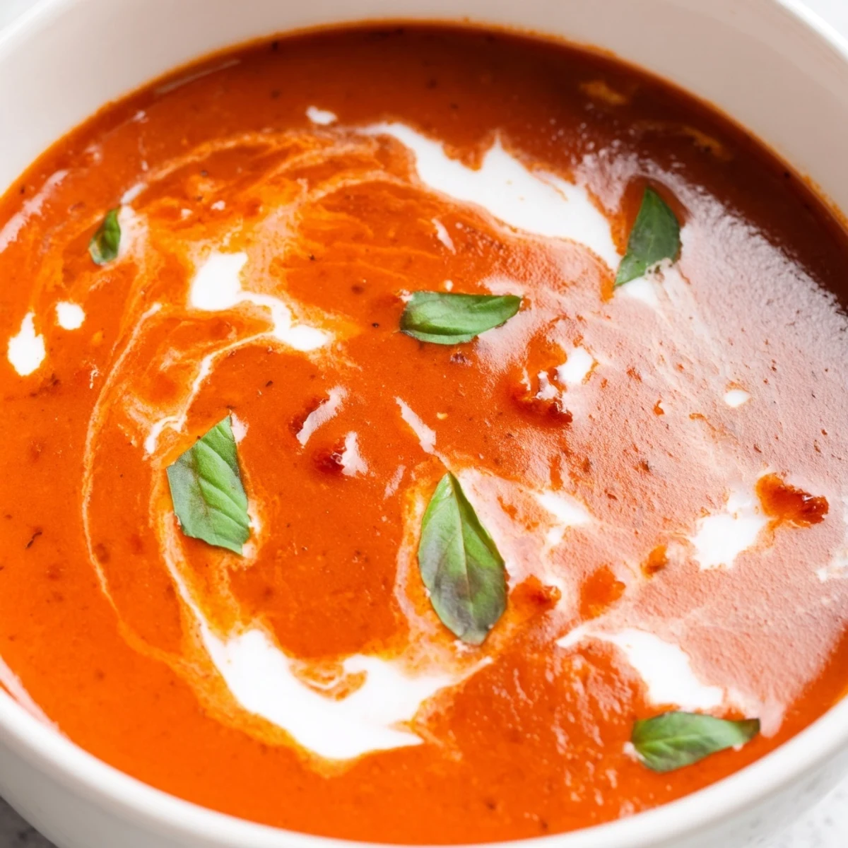 Creamy fire roasted tomato soup served with crusty sourdough bread for cozy winter comfort
