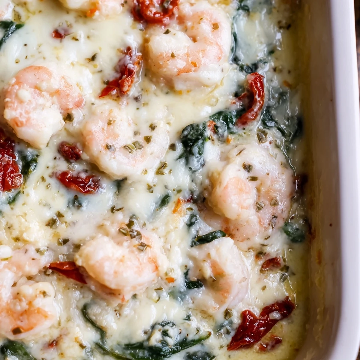 Creamy Low Carb Shrimp Tuscan Bake with melted mozzarella in a rustic white dish