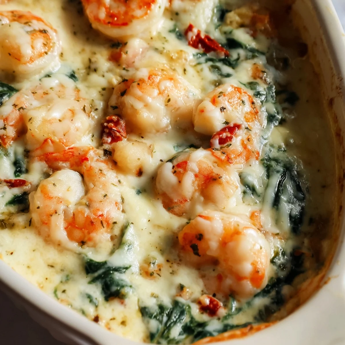 Golden bubbly Low Carb Shrimp Tuscan Bake topped with sun-dried tomatoes and spinach