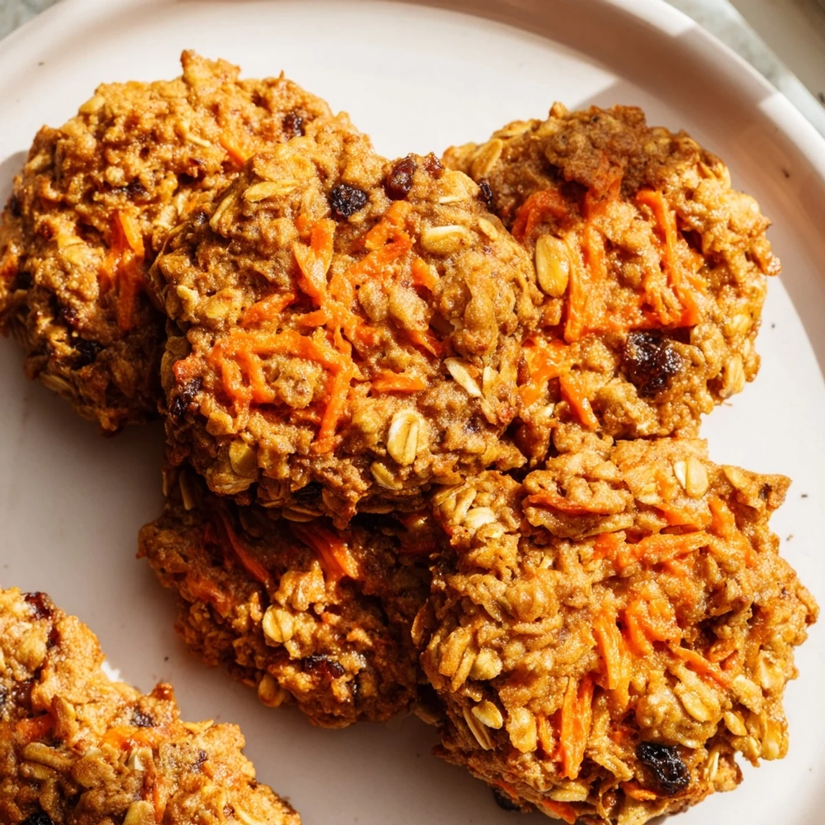 Chewy carrot cake cookies with golden edges, raisins, and oats on a rustic baking sheet