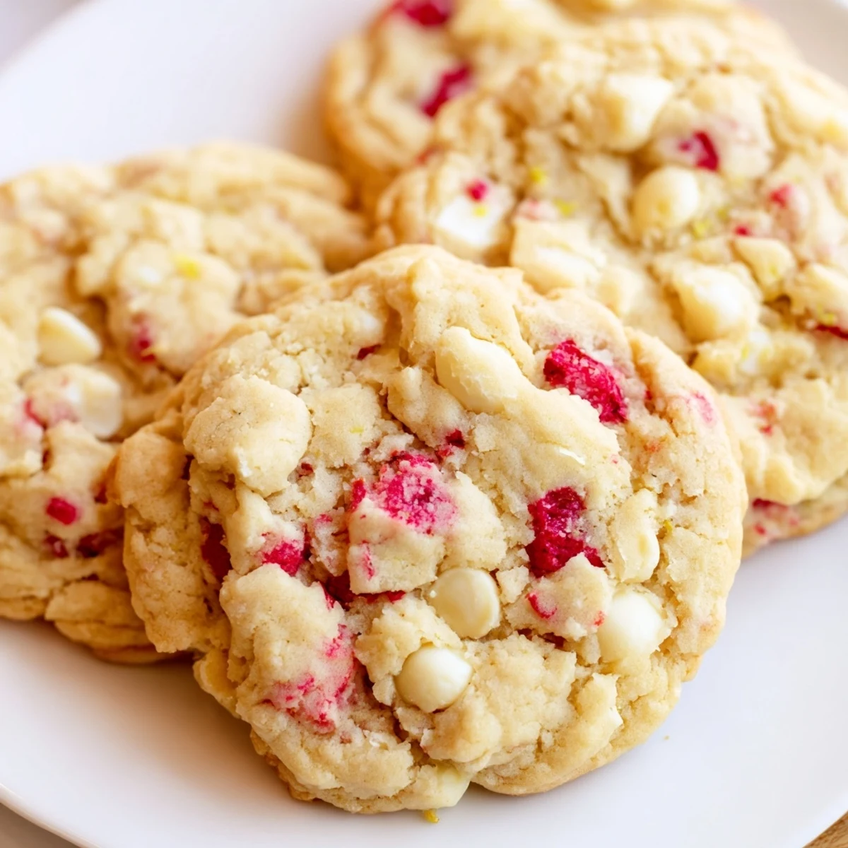 Soft chewy lemon raspberry cookies topped with melting white chocolate chips