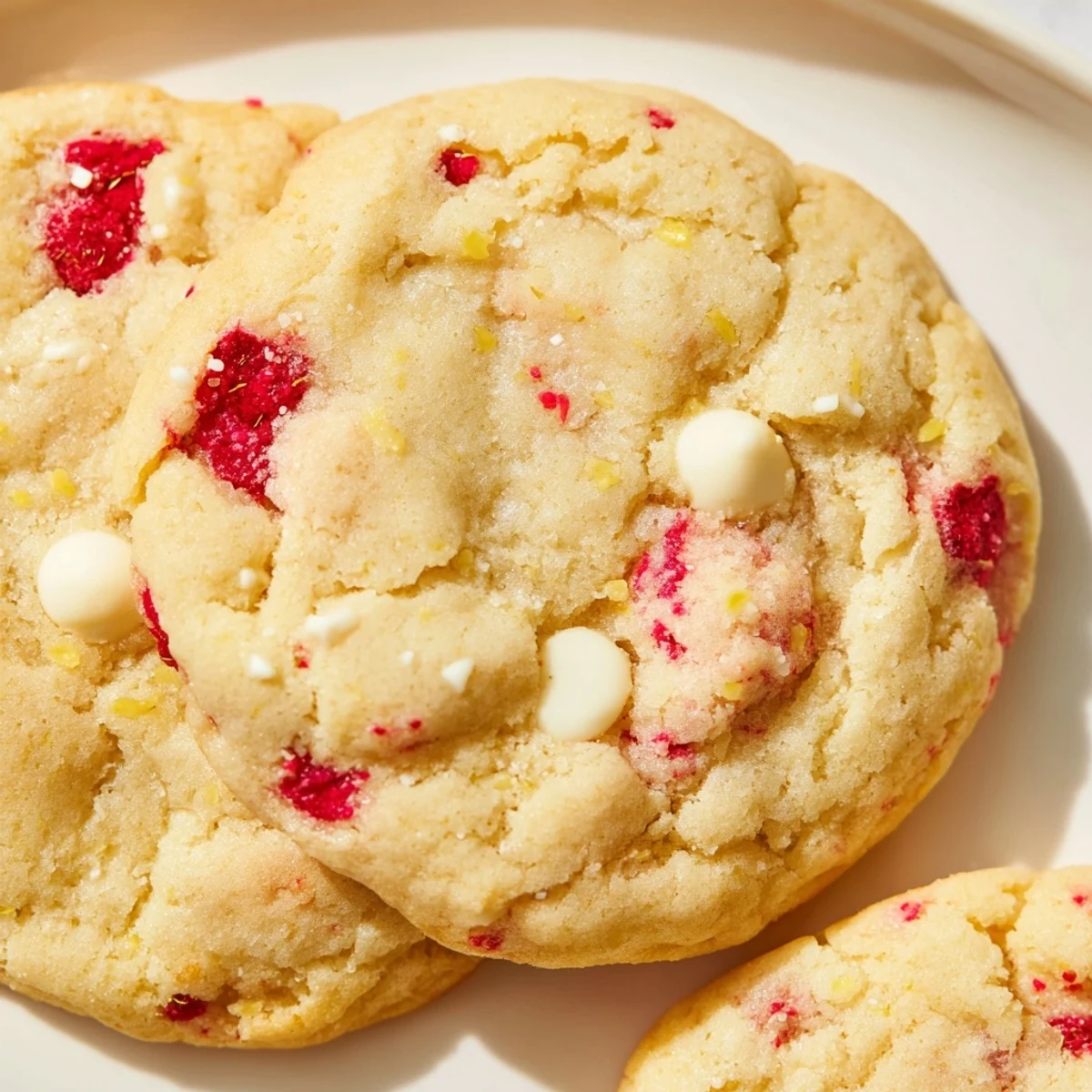 Bright lemon raspberry cookies arranged on a wire cooling rack with powdered sugar