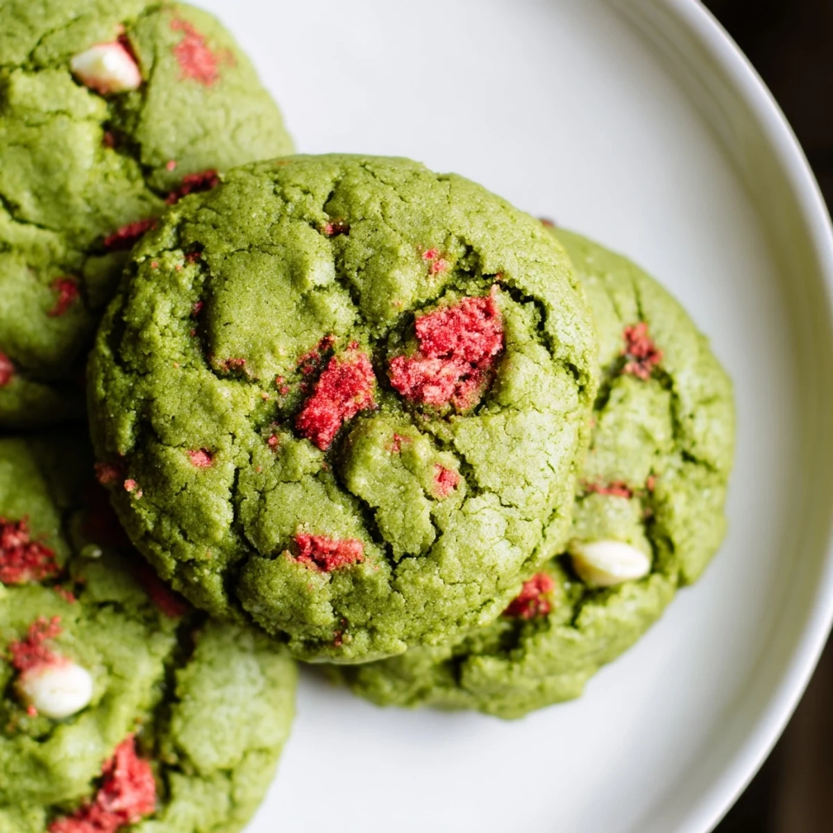 Soft strawberry matcha cookies with bright green dough and ruby red strawberry chunks on a rustic baking sheet
