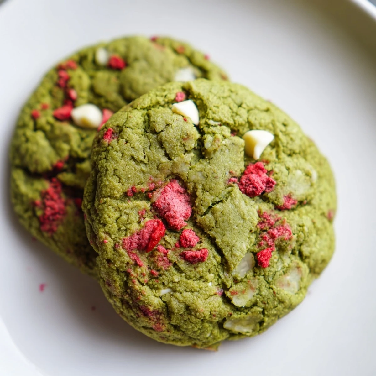 Chewy strawberry matcha cookies arranged on a white plate, vibrant green color studded with sweet freeze-dried berries