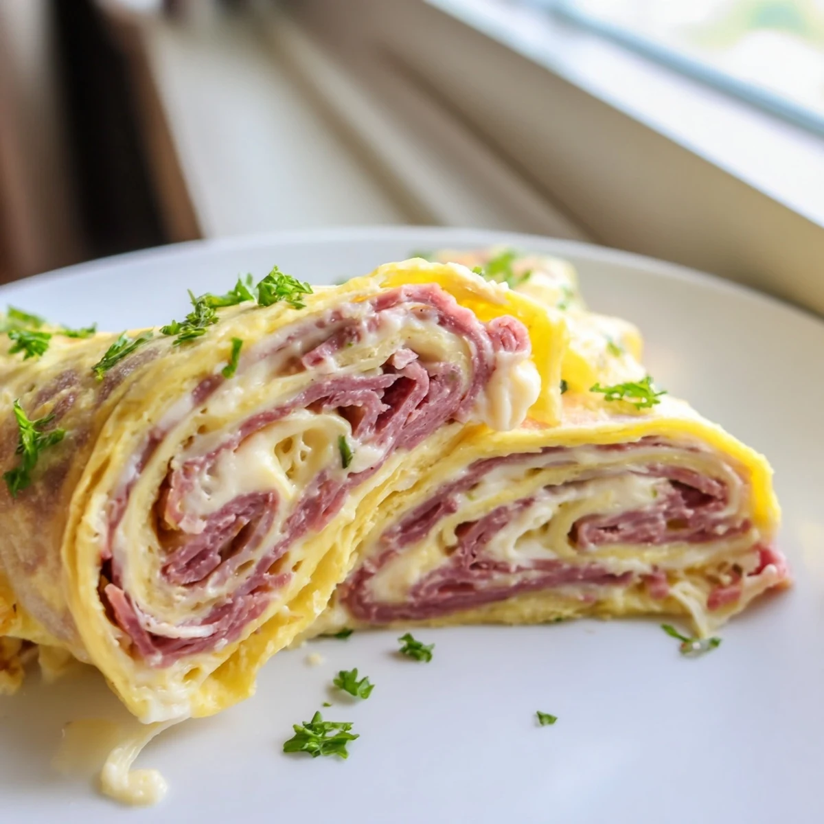 Golden Low Carb Reuben Egg Roll Ups sliced to reveal melty Swiss cheese and savory corned beef filling.