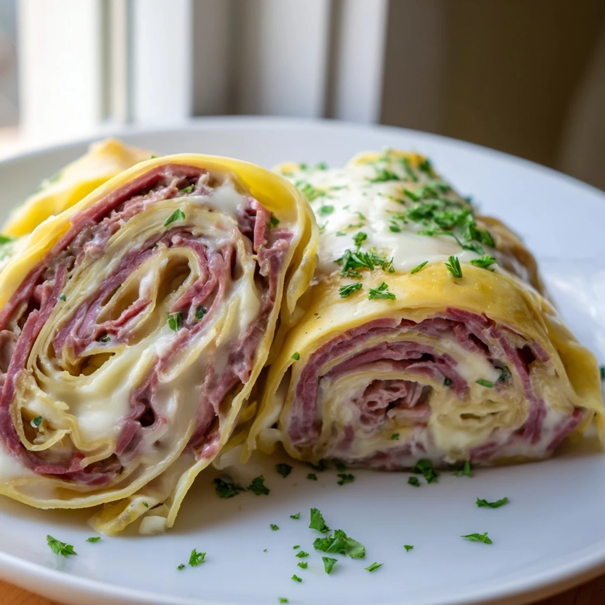 Tender egg-wrapped Low Carb Reuben Egg Roll Ups garnished with parsley on a white serving plate.