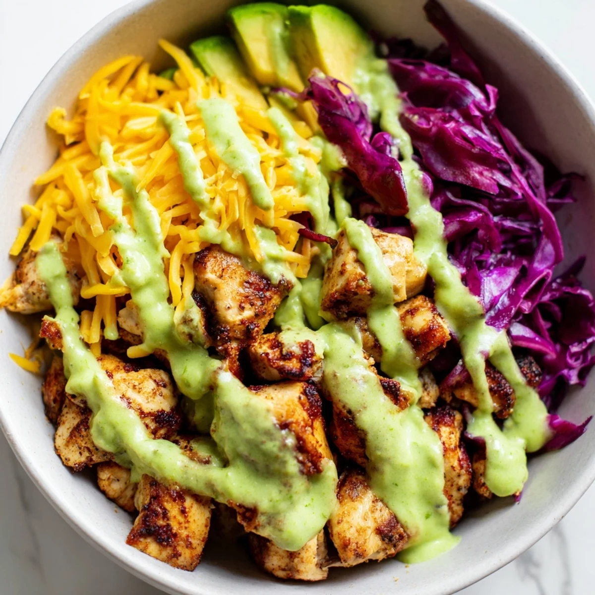 Colorful keto bowls loaded with fresh veggies and tender seasoned chicken topped with creamy avocado dressing
