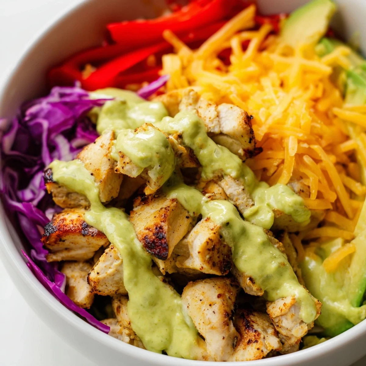 Keto bowls featuring crisp romaine lettuce, grilled chicken, and vibrant vegetables drizzled with rich avocado sauce