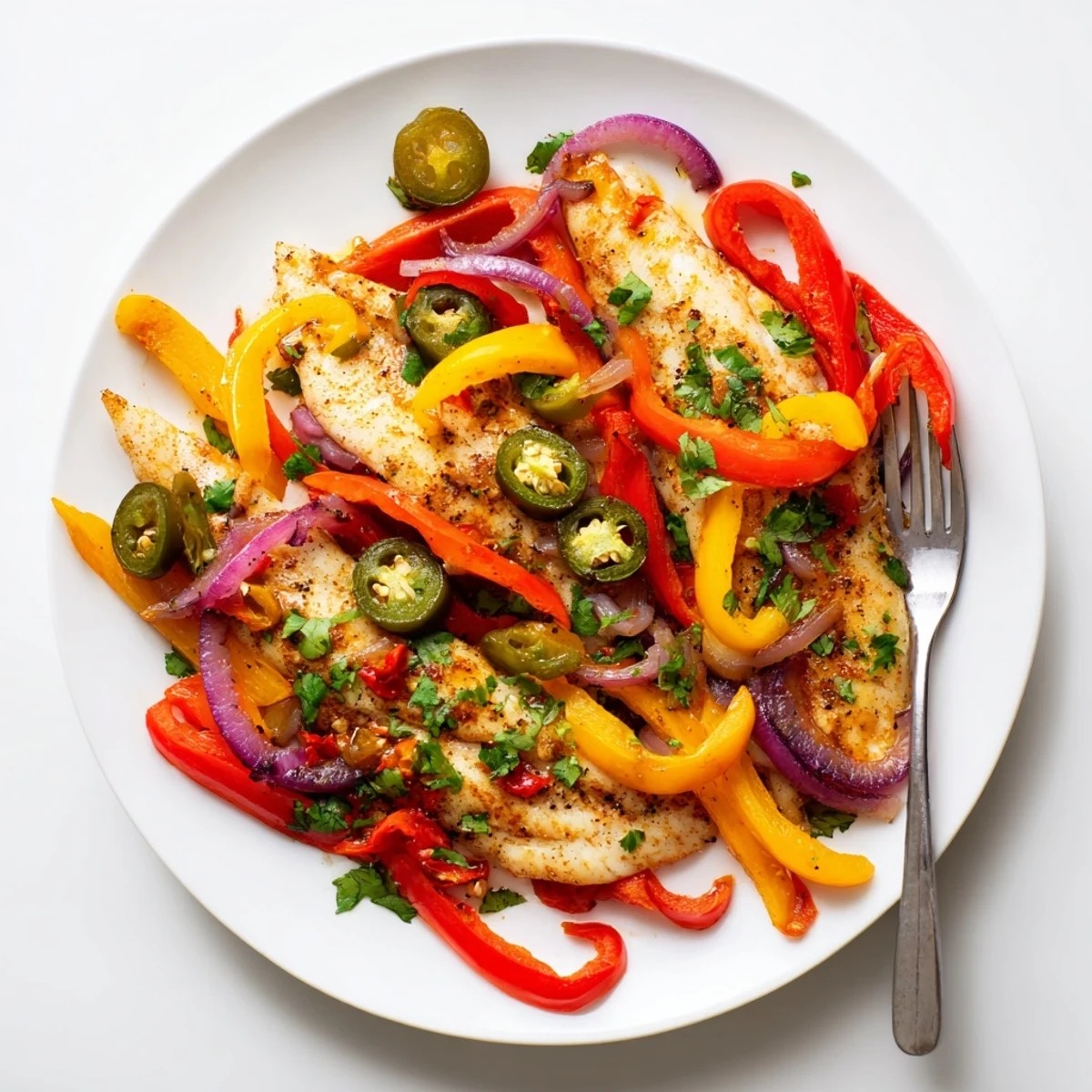 Spicy roasted pepper tilapia skillet topped with fresh cilantro and lime for bright flavor