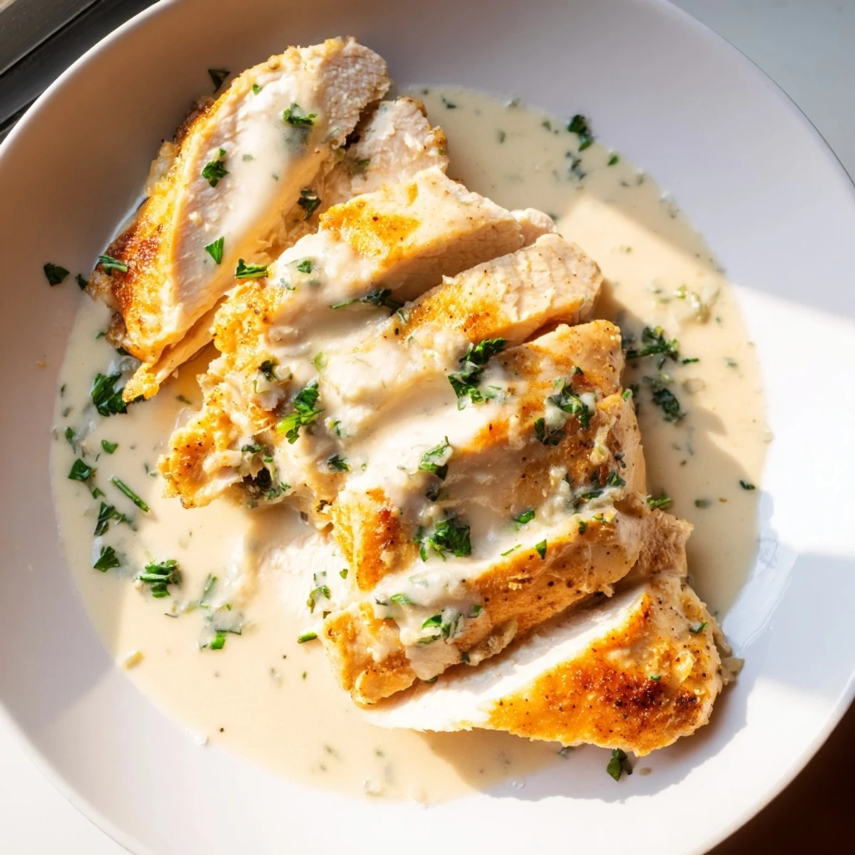 Creamy garlic chicken in golden skillet with rich white sauce and fresh parsley garnish