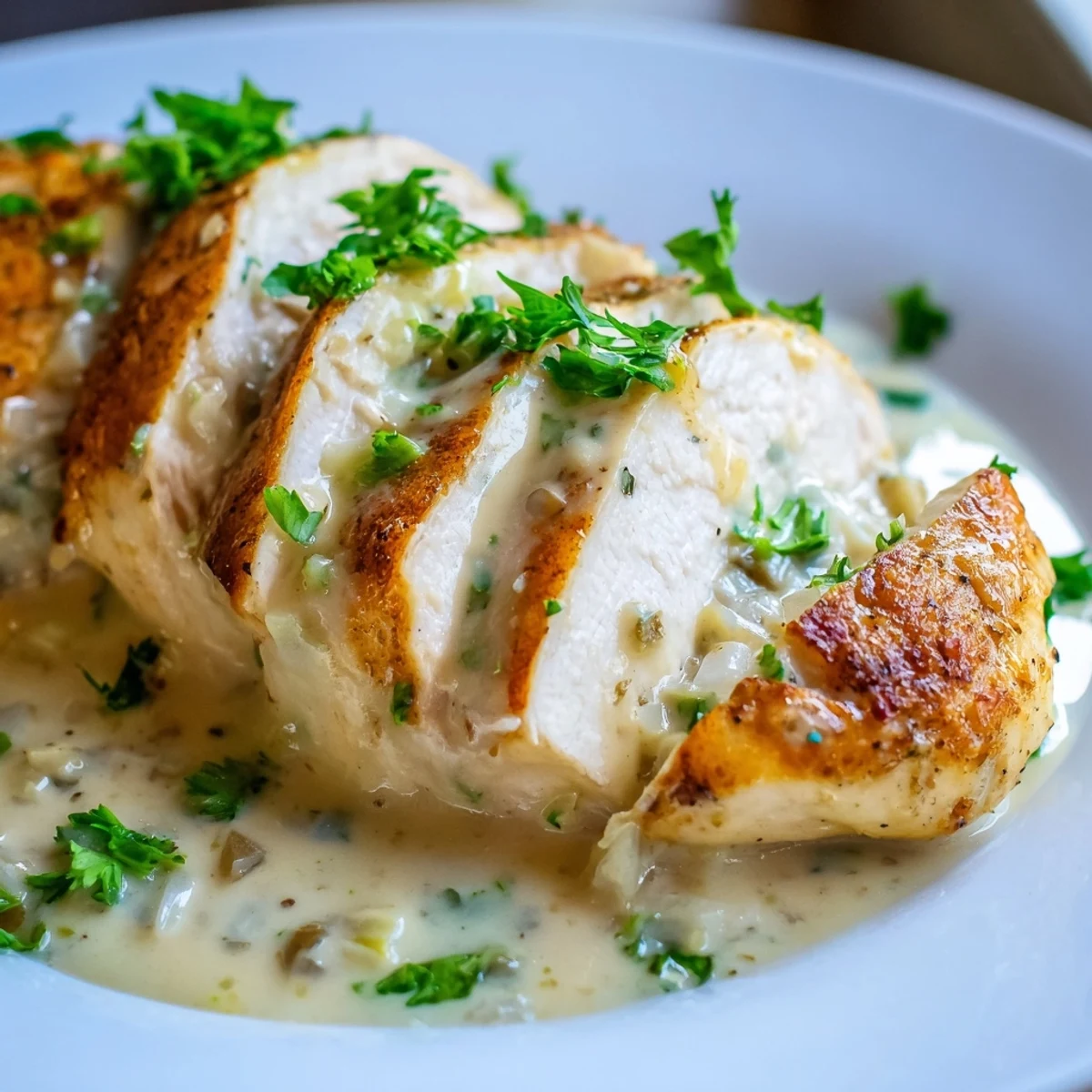 Tender creamy garlic chicken breasts smothered in velvety Parmesan sauce on white plate