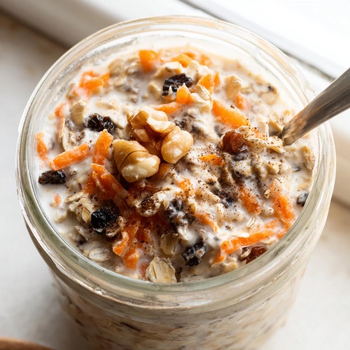 Creamy carrot cake overnight oats in a mason jar topped with chopped walnuts and cinnamon