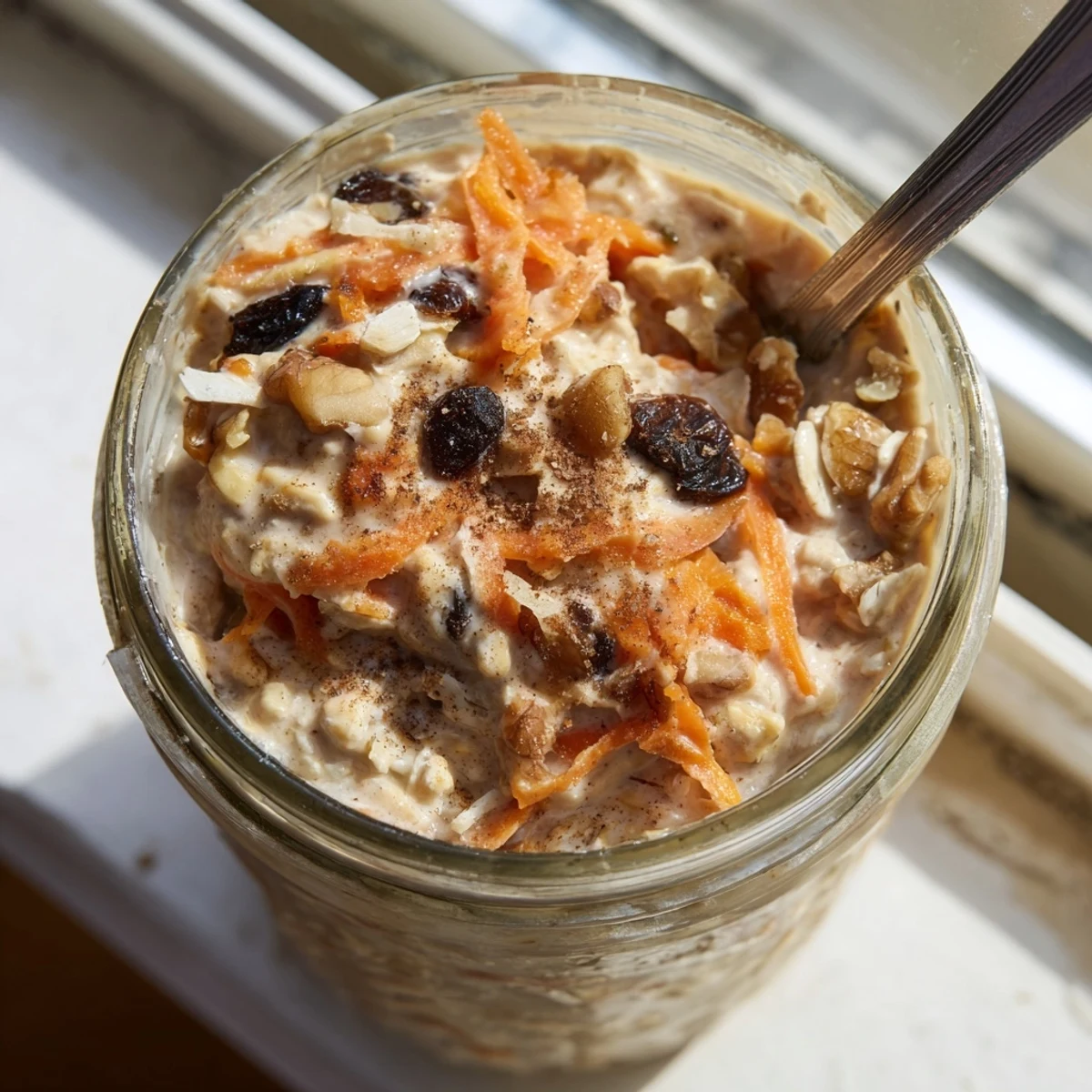 Carrot cake overnight oats with visible grated carrots, raisins, and a dollop of Greek yogurt