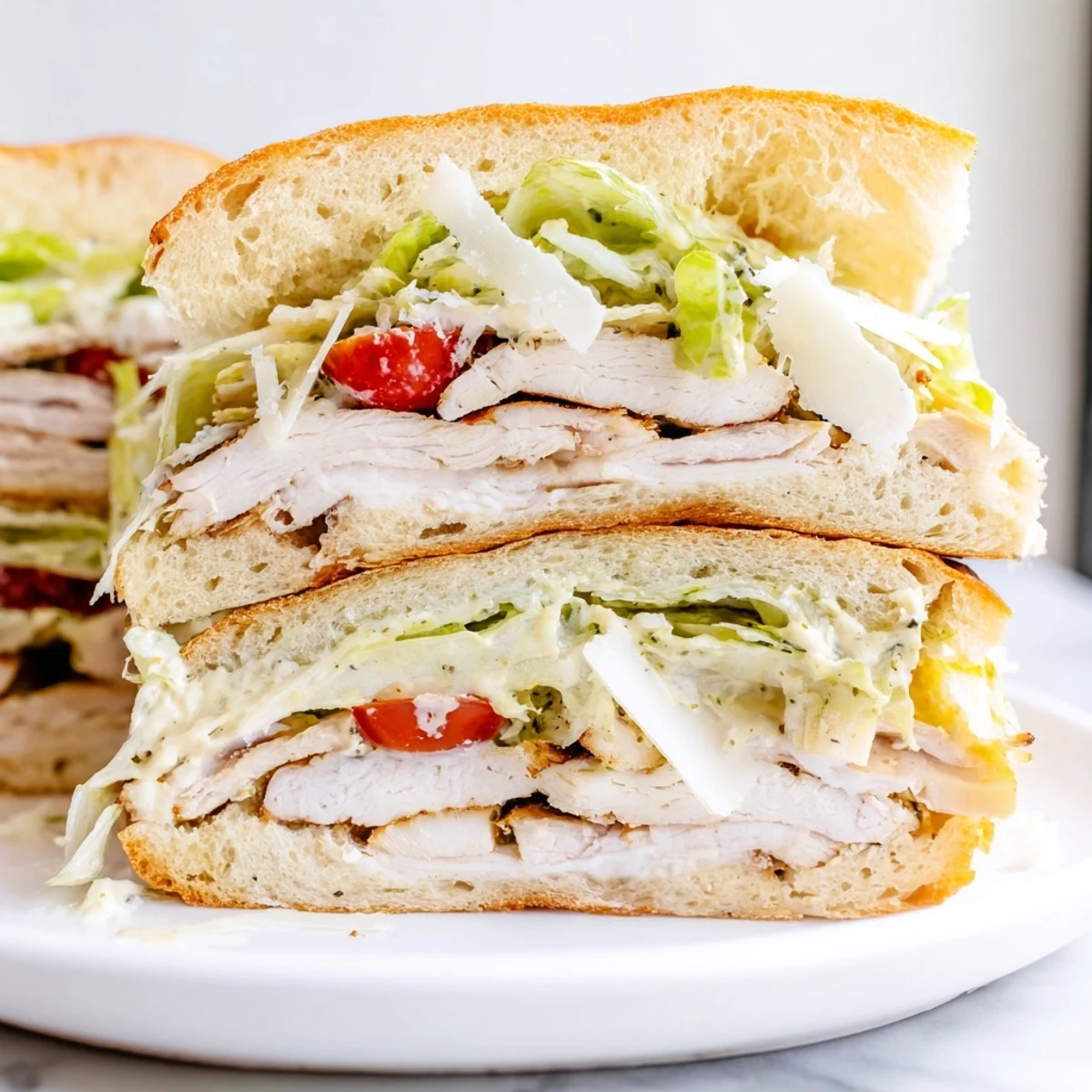 Golden grilled chicken Caesar sandwich with crisp romaine and creamy dressing on toasted ciabatta