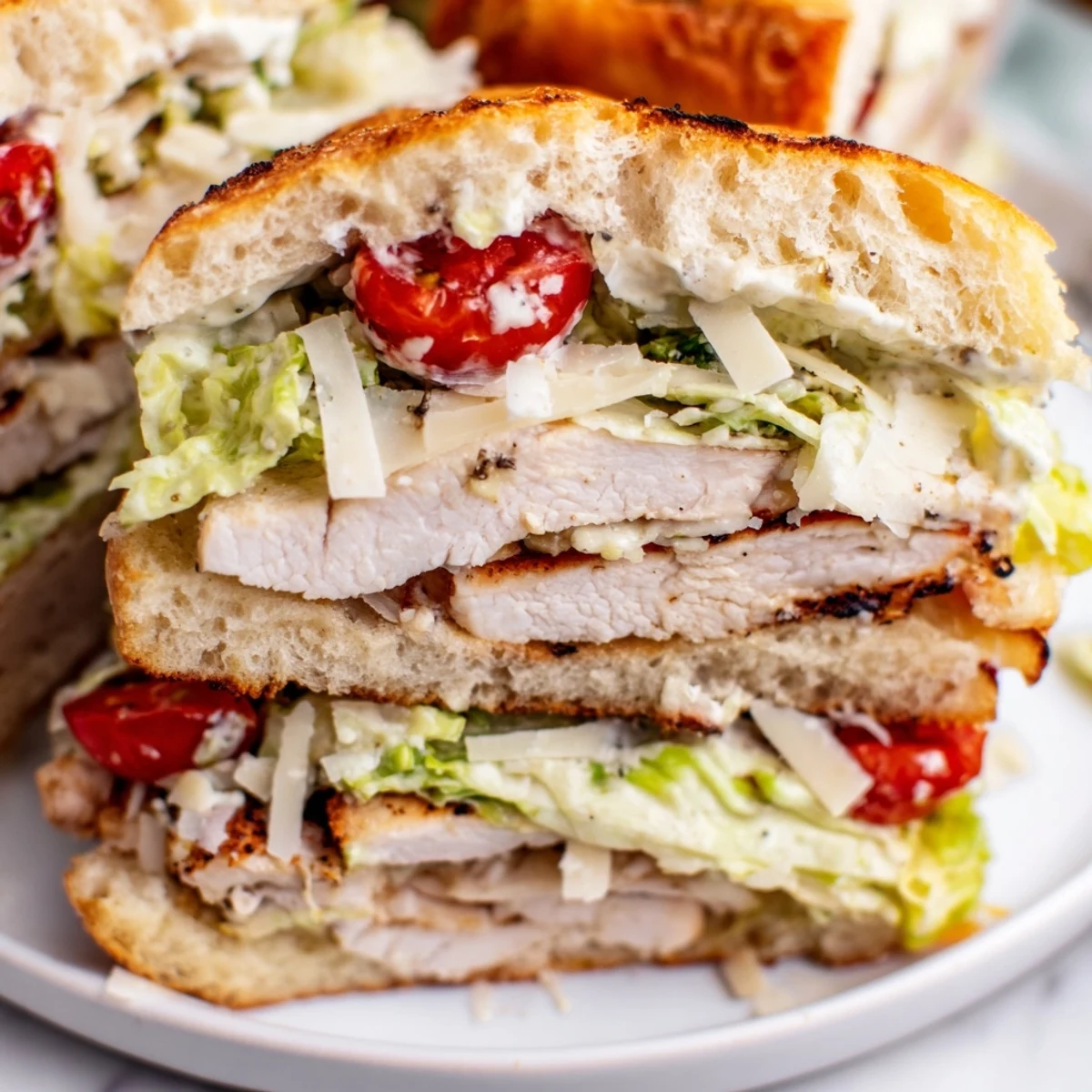 Toasted chicken Caesar sandwich layered with shaved Parmesan, fresh lettuce, and tangy homemade dressing