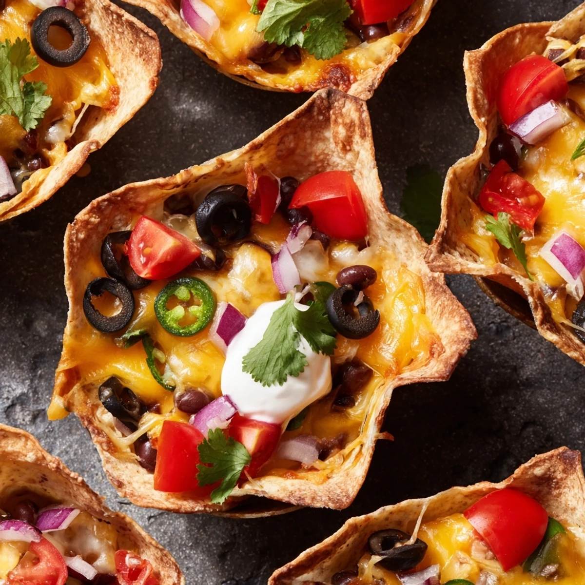 Golden cheesy nacho cups with melted cheese and colorful toppings in a muffin tin