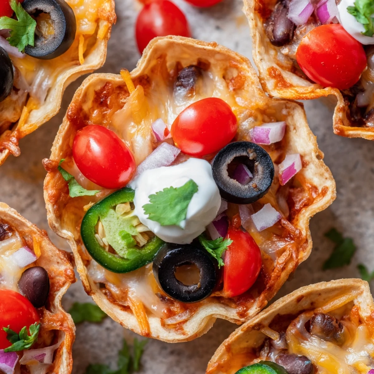 Crispy tortilla cups overflowing with gooey melted cheddar and fresh zesty garnishes