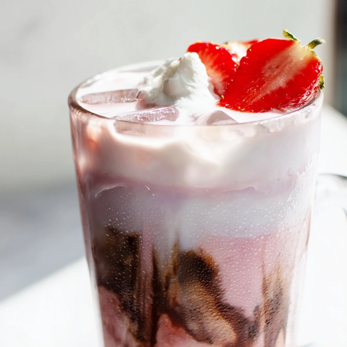 Creamy strawberry cold latte in a tall glass with whipped cream topping and fresh berry garnish