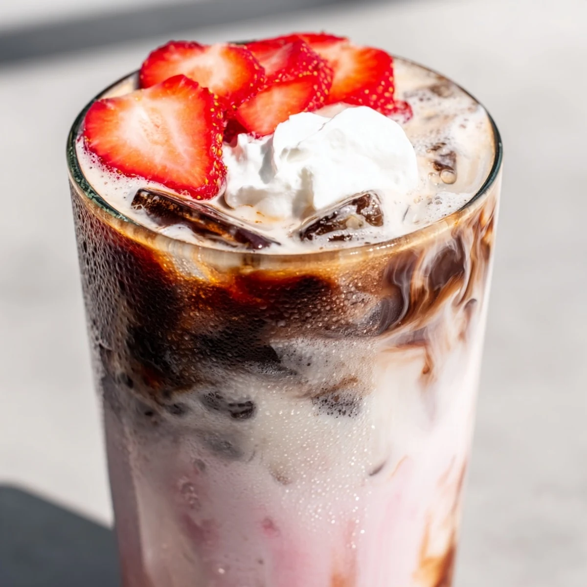 Iced strawberry cream latte with layers of pink milk espresso and melting ice cubes