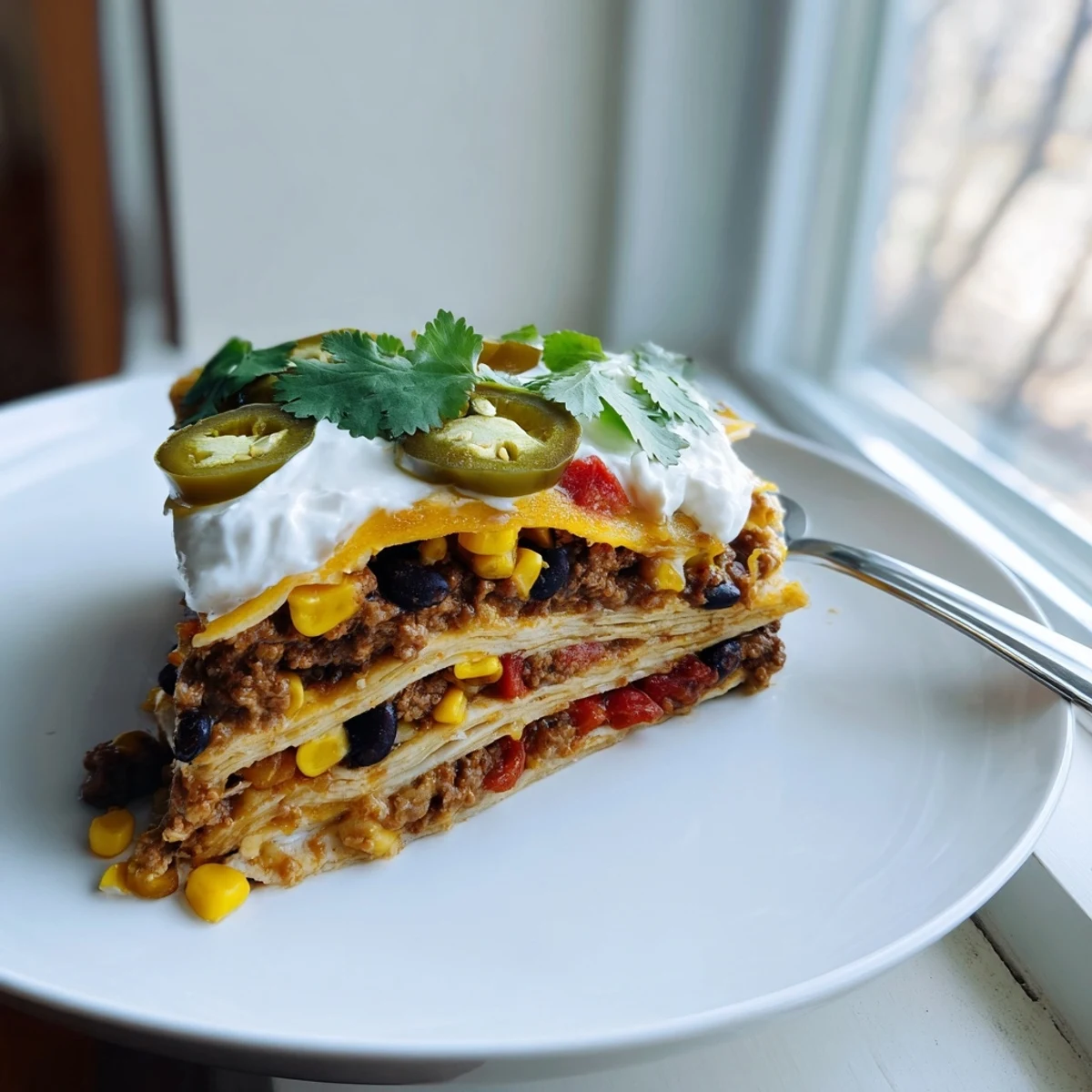 Golden melted cheese tops this Mexican lasagna with layers of seasoned beef and tortillas